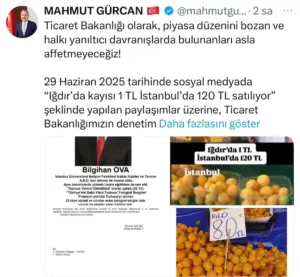 ’Iğdır’da kayısı 1 TL, İstanbul’da 120 TL’ paylaşımına “gerçek dışı bilgi yaymaktan” 1 milyon 400 bin TL idari para cezası